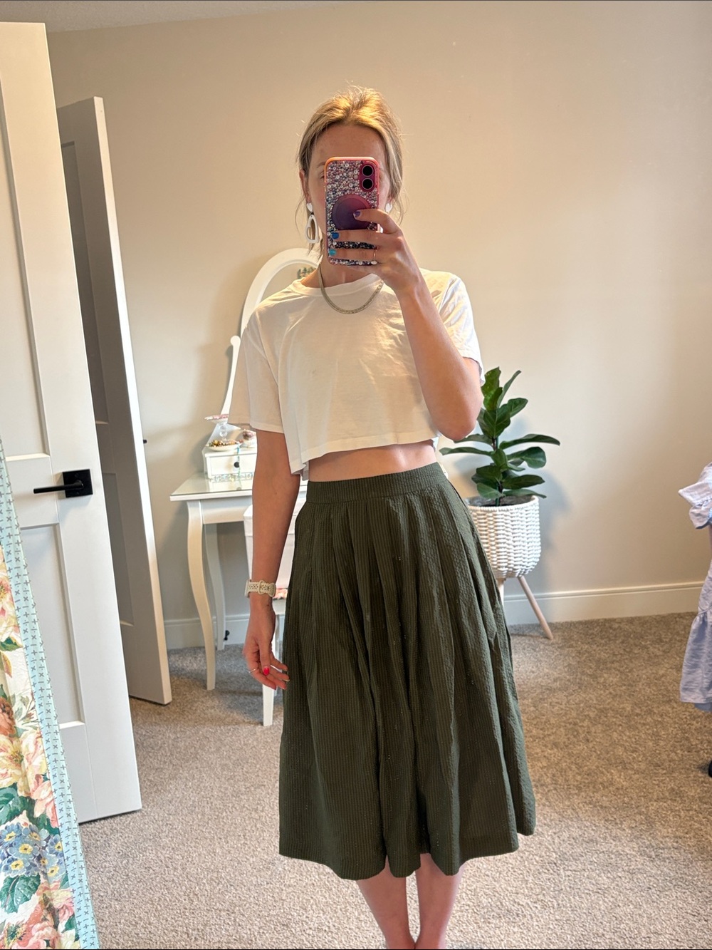 Green Pleated Seersucker Midi Skirt